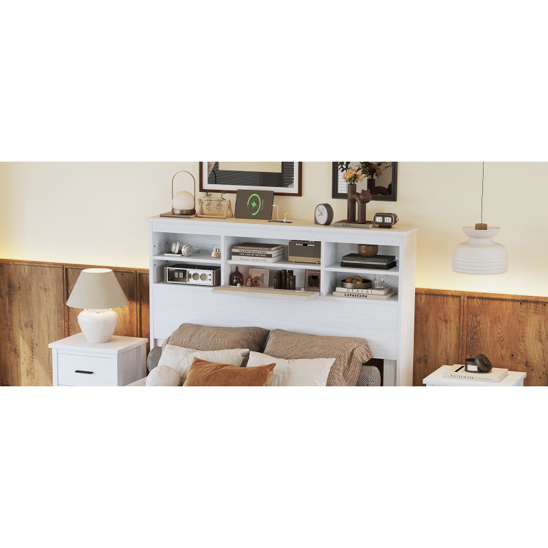 4-Pieces Bedroom Sets Queen Size Vintage Wooden Bed Frame with 2 Nightstands and 1 Dresser, White