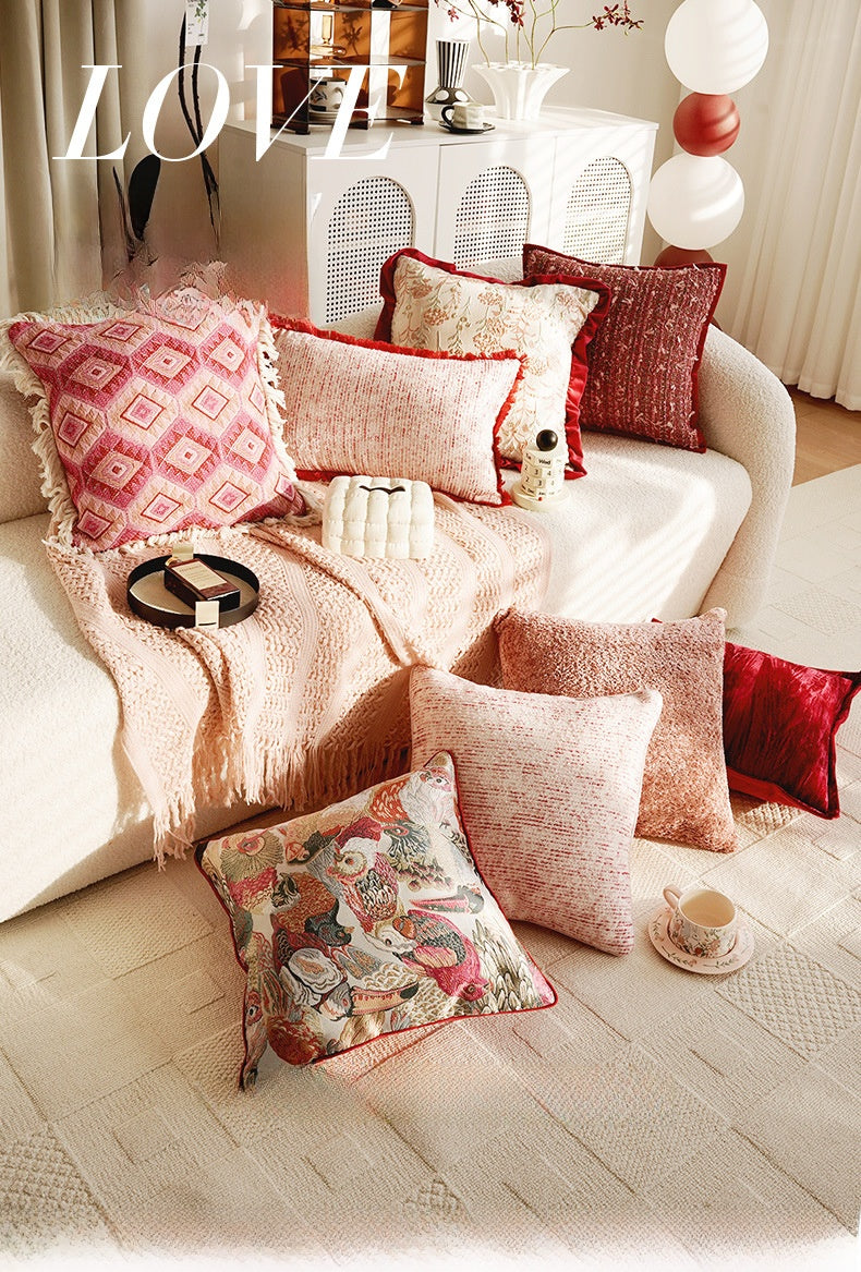 Red & Pink French Retro Pillow Cover – High-End Sofa Cushion – No Insert