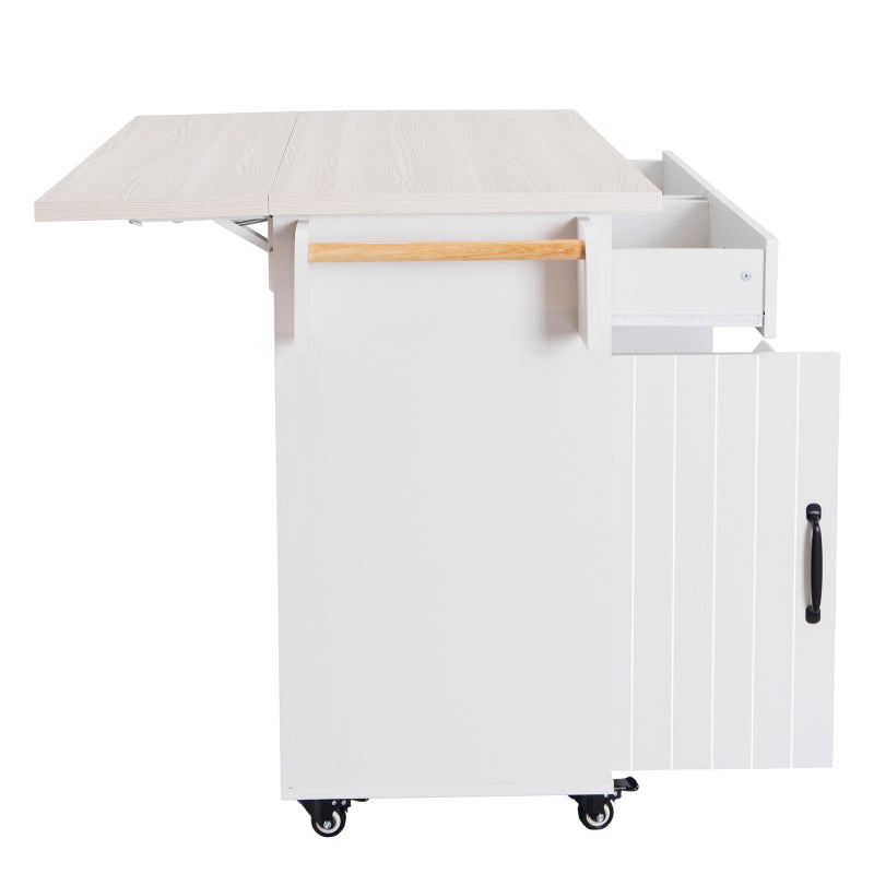 White Kitchen Island with Trash Cabinet & Drop Leaf