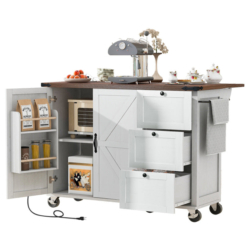 54.5" Farmhouse Kitchen Island – Drop Leaf, Power Outlet, Storage Racks, Rolling Cart-white