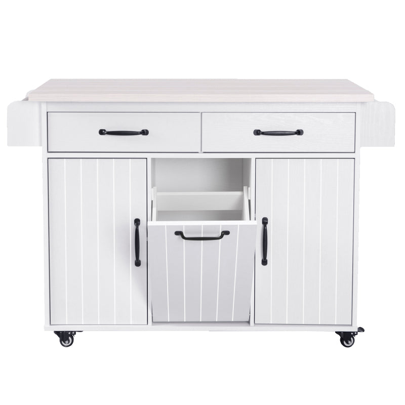 White Kitchen Island with Trash Cabinet & Drop Leaf