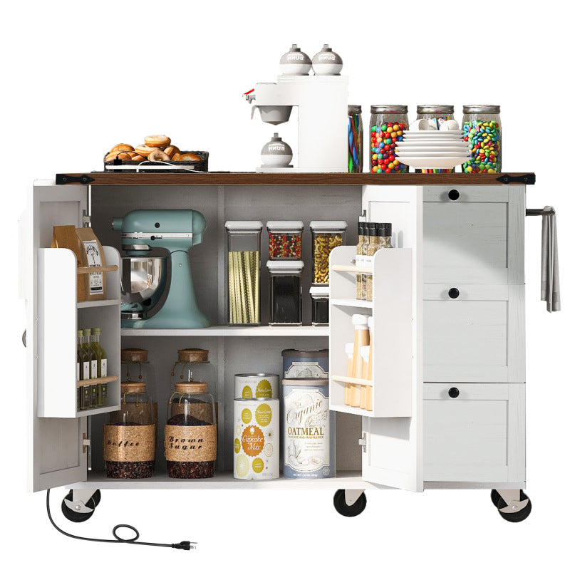 54.5" Farmhouse Kitchen Island – Drop Leaf, Power Outlet, Storage Racks, Rolling Cart-white