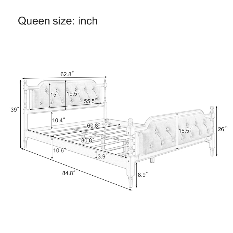 Queen Solid Wood Bed Frame with Tufted Headboard - No Box Spring, Antique Walnut