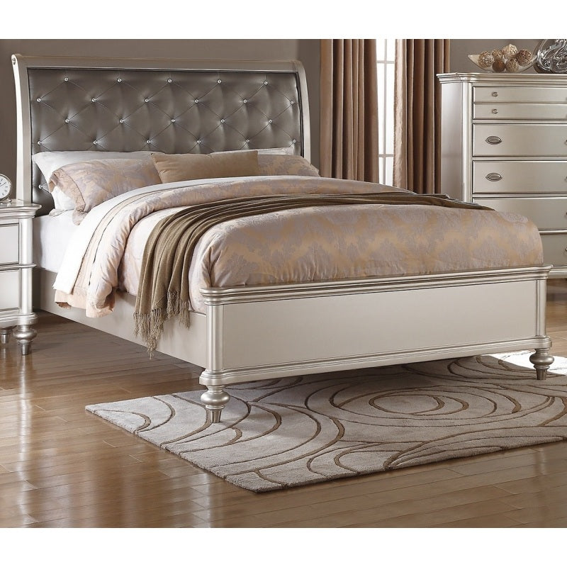 Silver Faux Leather Glamorous 3pc Bedroom Set Queen Size Bed 2x Nightstands Tufted Headboard Furniture