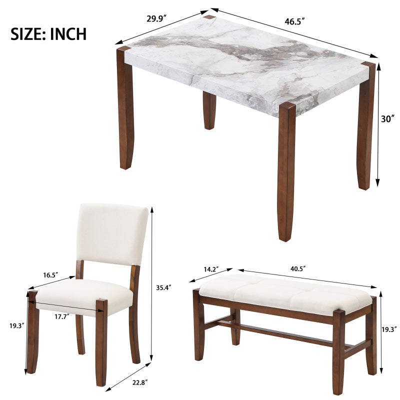 4-Piece Modern Dining Set - Faux Marble Table with 2 Chairs & Bench