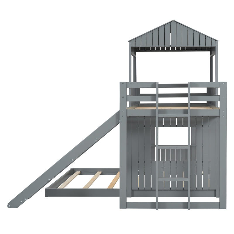 Wooden Twin Over Full Bunk Bed with Slide & Ladder – Farmhouse Playhouse Design