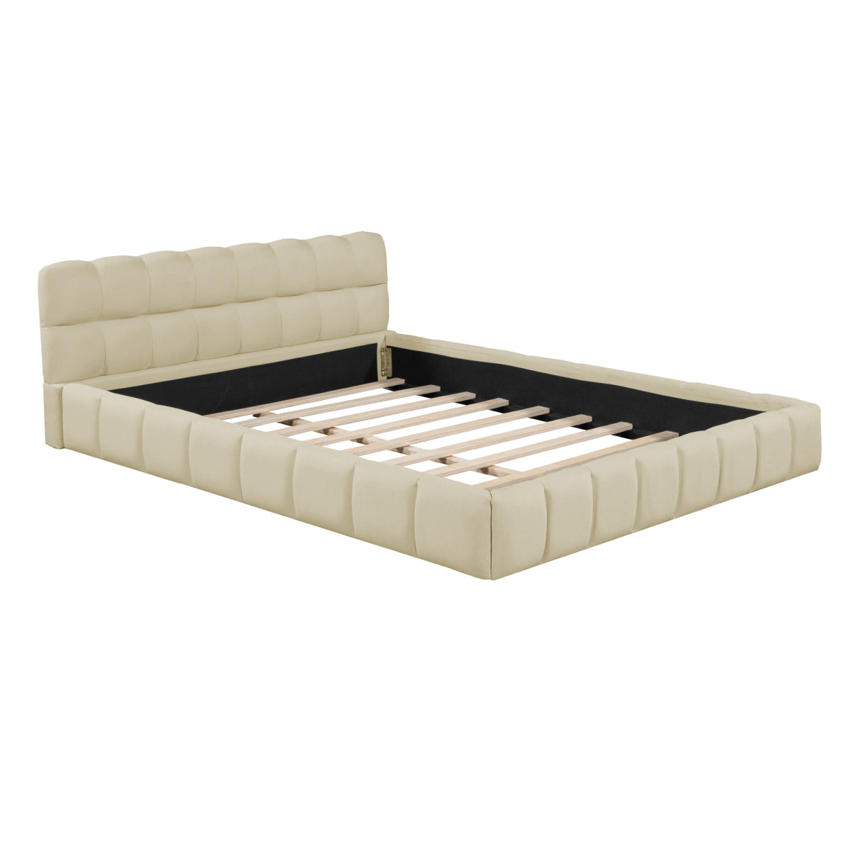 Modern Queen Grounded Bed: Beige Thick Fabric Upholstered Platform Bed