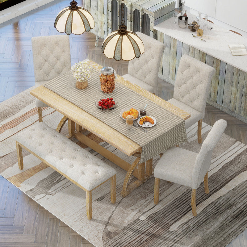 6-Piece Retro Dining Set - Table with 4 Chairs & Bench, Natural Wood
