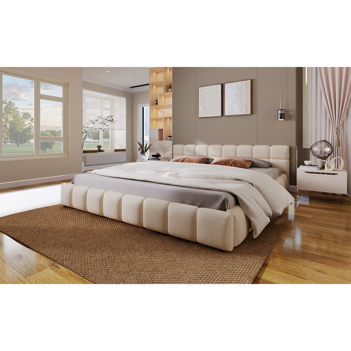 Elegant Beige Chenille Upholstered Bed with Checkerboard Design, King, Beige