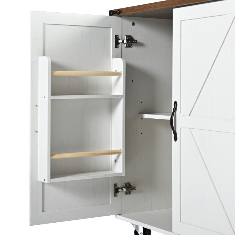 54.5" Farmhouse Kitchen Island – Drop Leaf, Power Outlet, Storage Racks, Rolling Cart-white