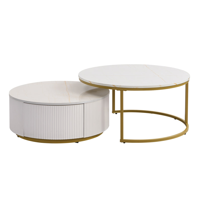 27.6" Round Nesting Coffee Table | Fluted, White & Gold with Drawer