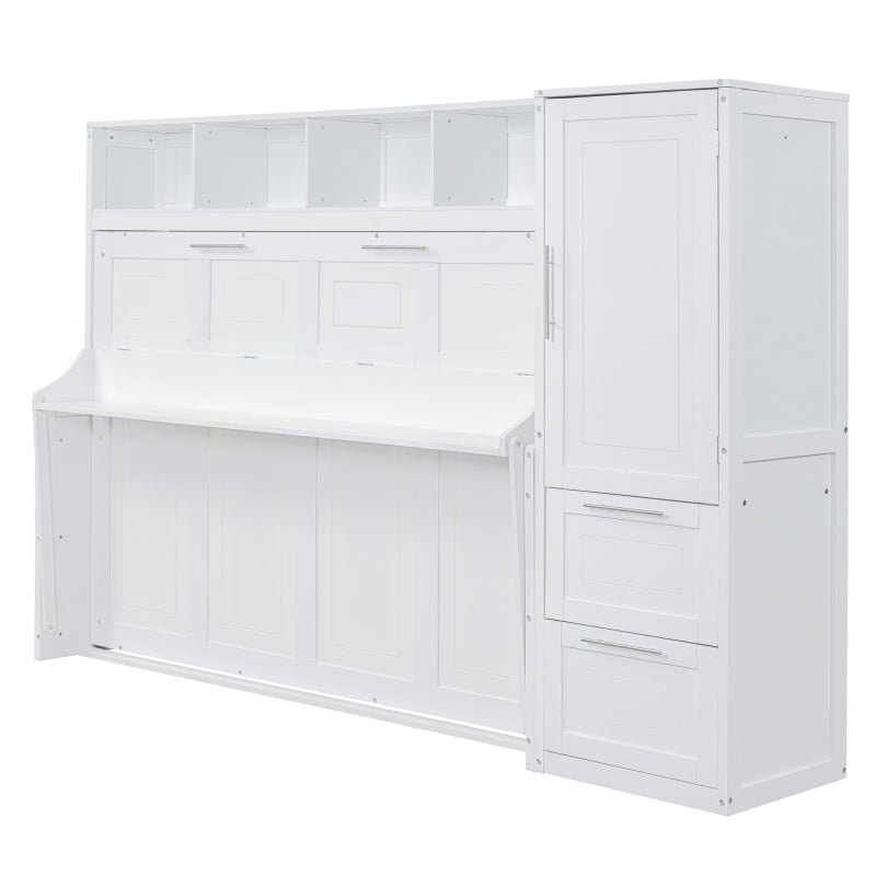 Murphy Bed with Closet & Drawers – Queen Size, White