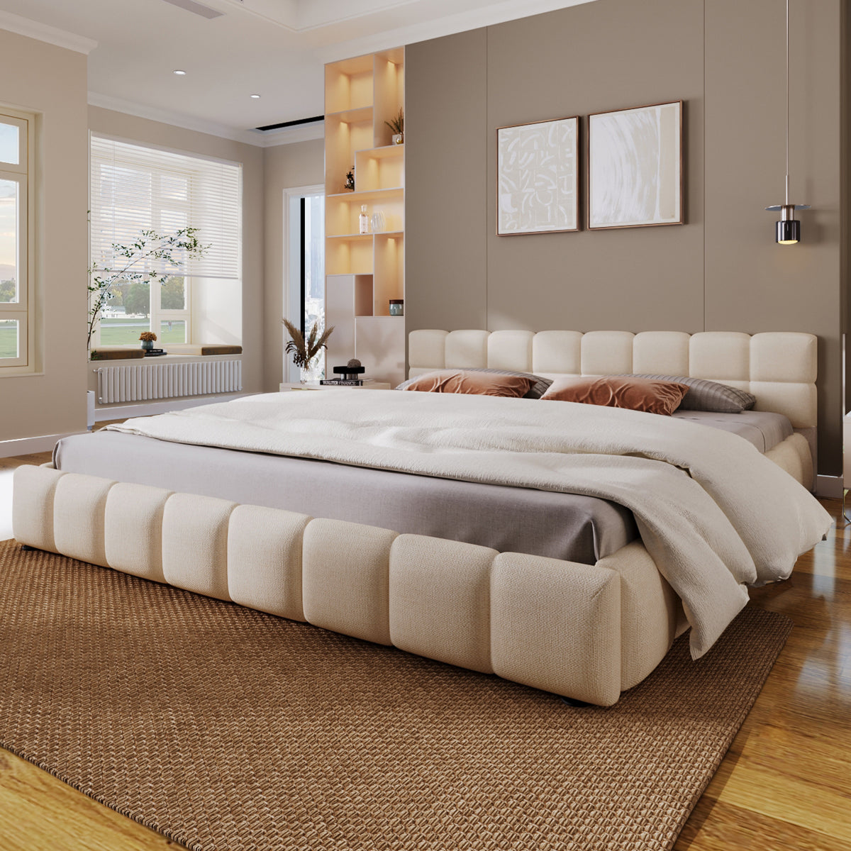 Elegant Beige Chenille Upholstered Bed with Checkerboard Design, King, Beige