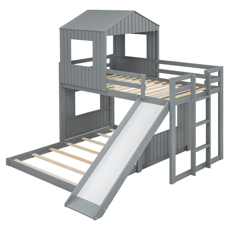 Wooden Twin Over Full Bunk Bed with Slide & Ladder – Farmhouse Playhouse Design