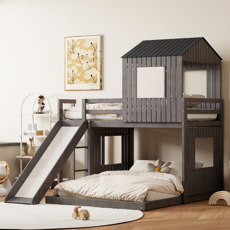 Wooden Twin Over Full Bunk Bed with Slide & Ladder – Farmhouse Playhouse Design