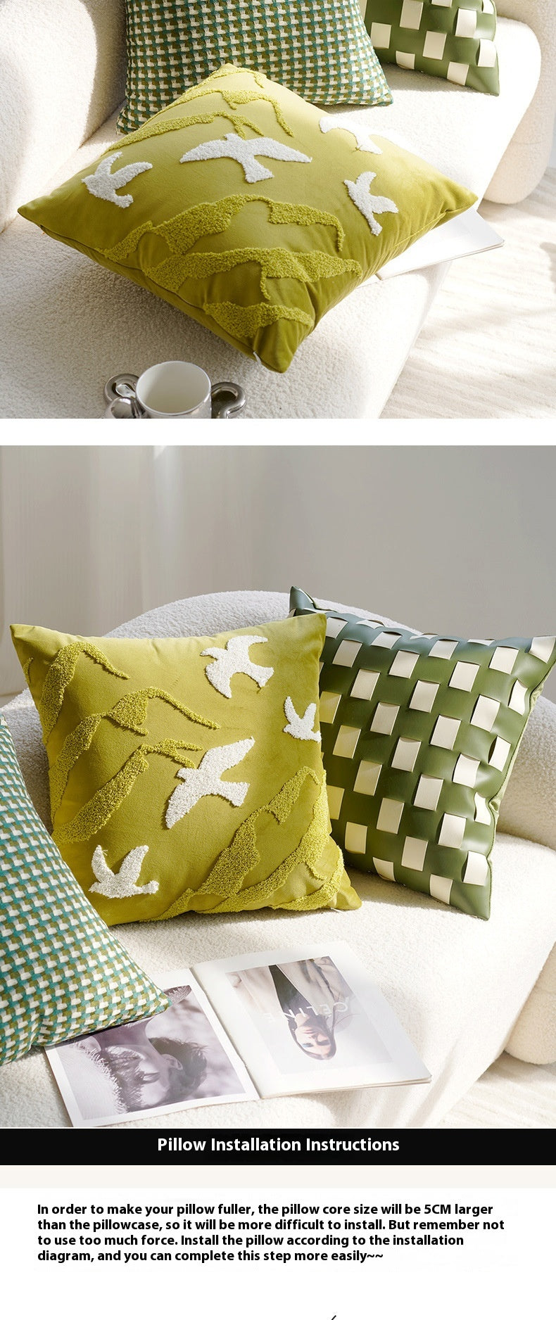 Green Bird Luxury Living Room Cushion Office Pillow Cover Pillowcase Homestay Sofa Waist Pillow Bay Window Cushion Bed