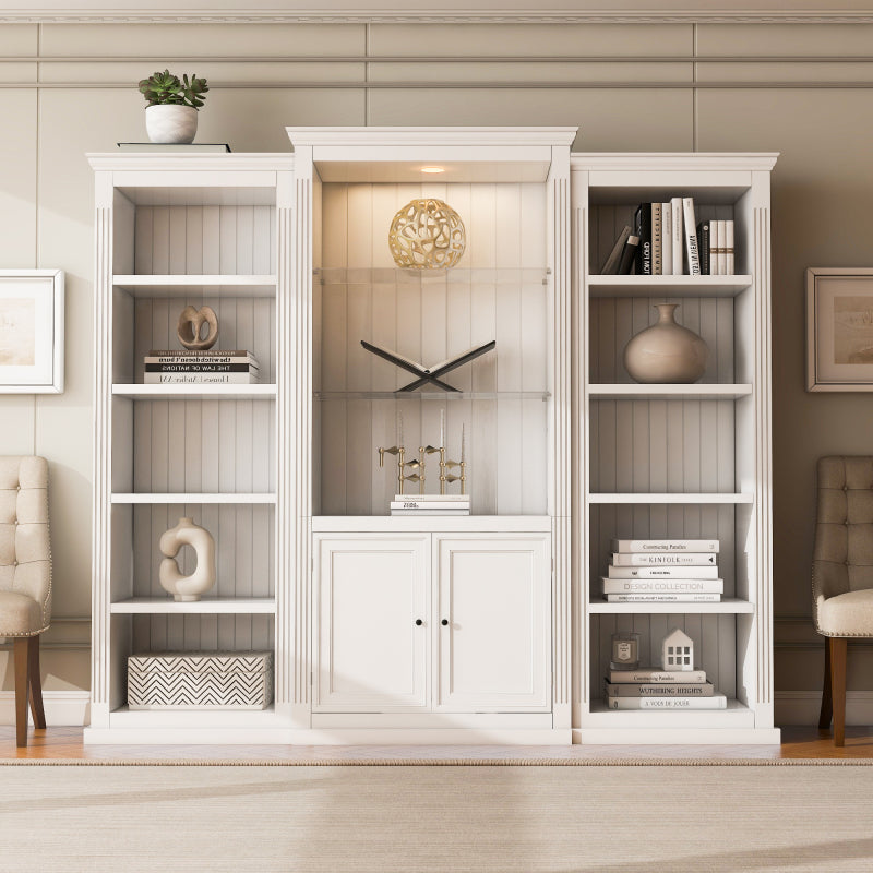 79" Tall LED Bookcase Display Cabinet - 3-Piece Retro Bookshelf with Glass Shelves, White