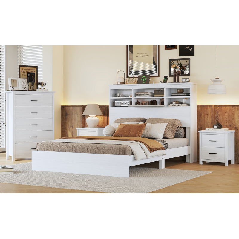 4-Pieces Bedroom Sets Queen Size Vintage Wooden Bed Frame with 2 Nightstands and 1 Dresser, White