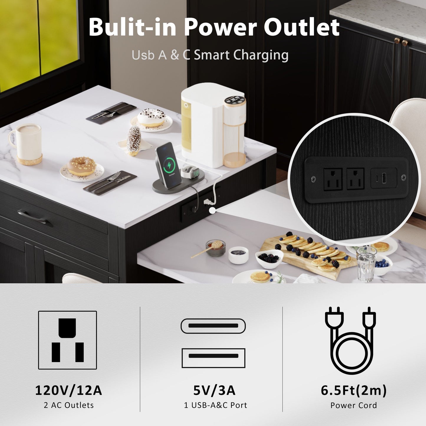 82.7" Extendable Kitchen Island with Storage & Power Outlet, Seats 4–6