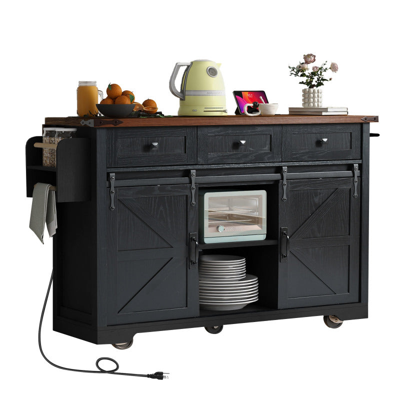 Black Rolling Kitchen Cart - 53.7" Island with Barn Doors & Storage