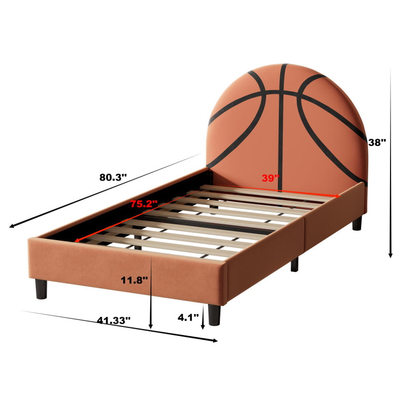 Sporty Basketball Twin Bed in Orange – Kids Upholstered Platform Frame