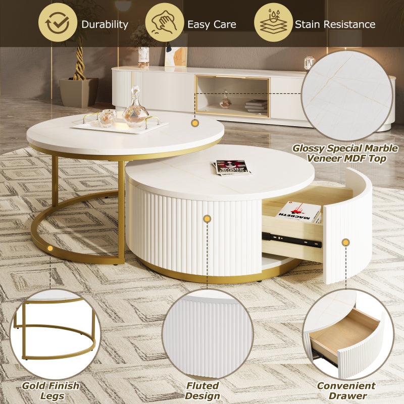 27.6" Round Nesting Coffee Table | Fluted, White & Gold with Drawer