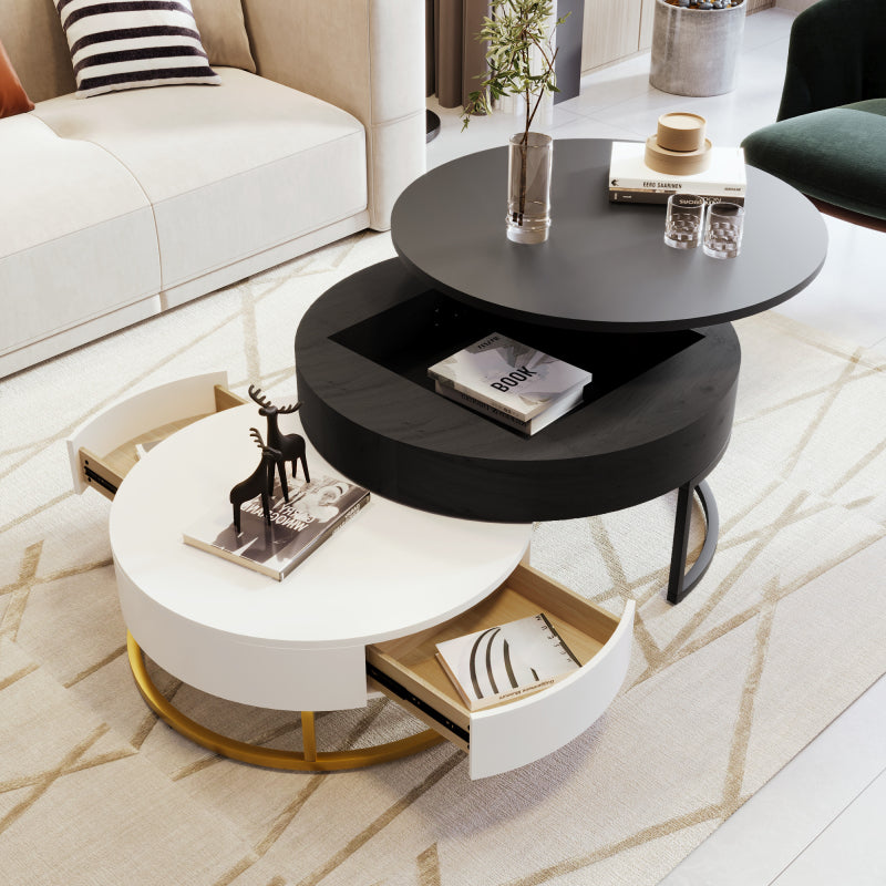 Modern Round Lift-top Nesting Coffee Tables with 2 Drawers White & Natural