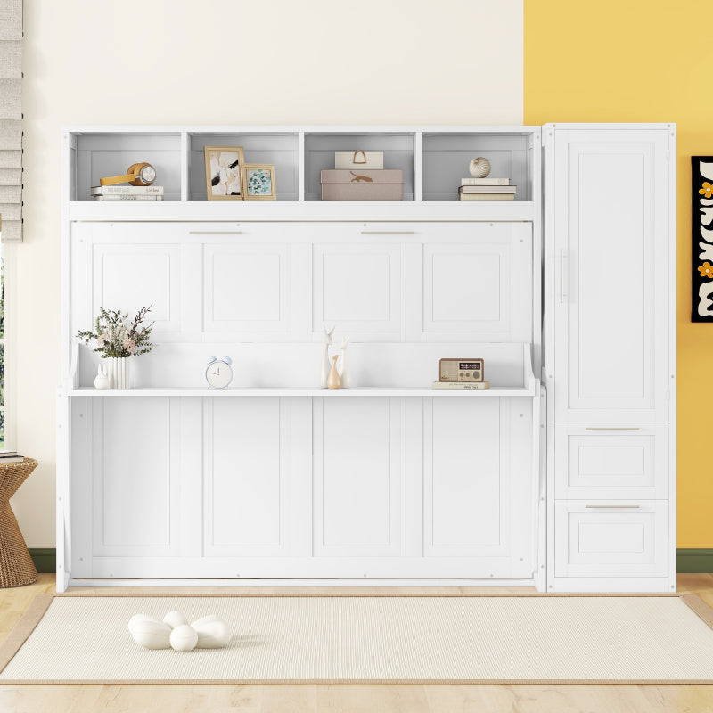 Murphy Bed with Closet & Drawers – Queen Size, White