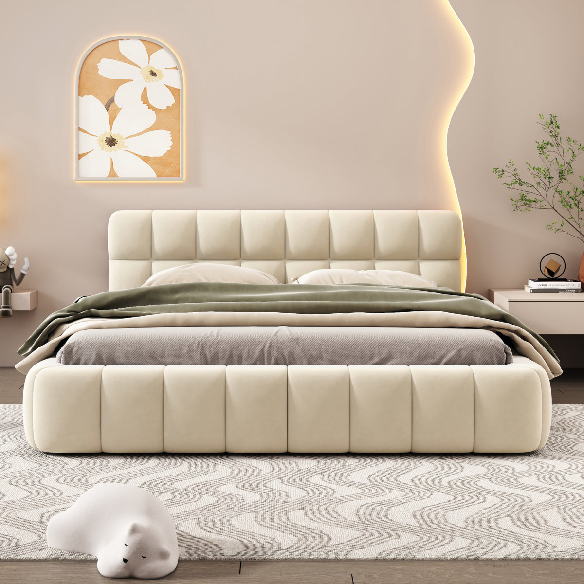 Modern Queen Grounded Bed: Beige Thick Fabric Upholstered Platform Bed