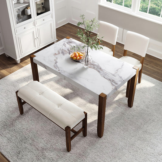 4-Piece Modern Dining Set - Faux Marble Table with 2 Chairs & Bench