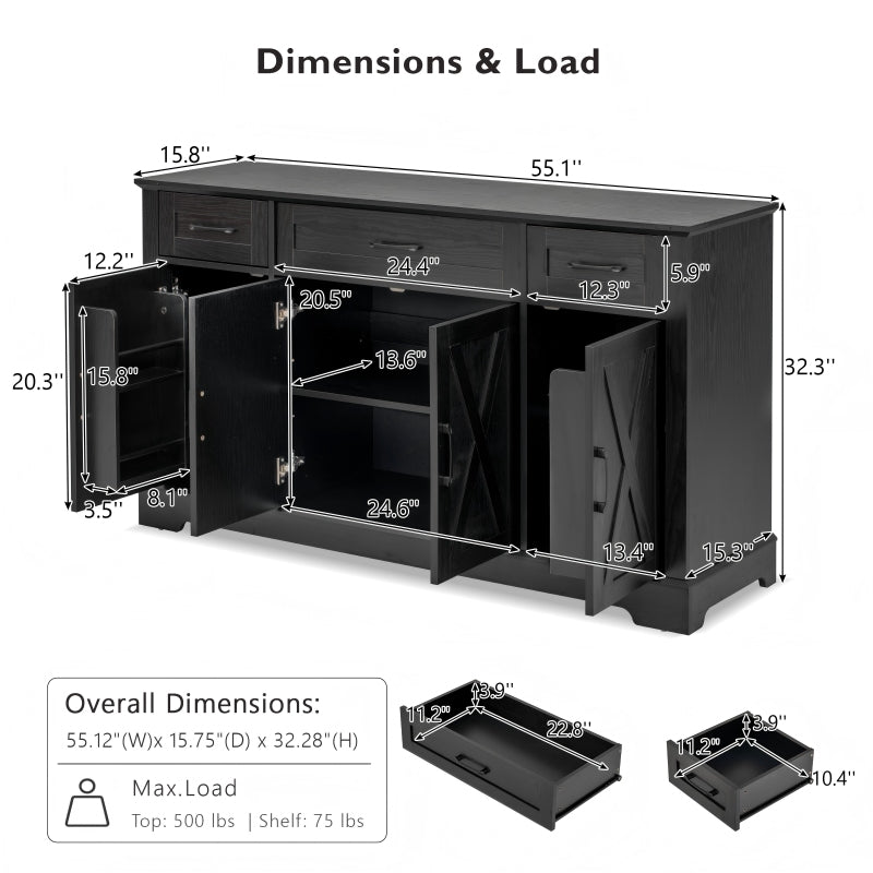 Black Farmhouse Buffet Sideboard with Door Shelves