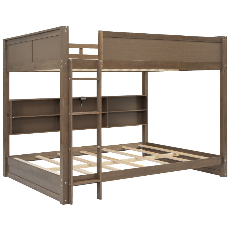 Antique Wood Queen Bunk Bed with Storage & USB Ports