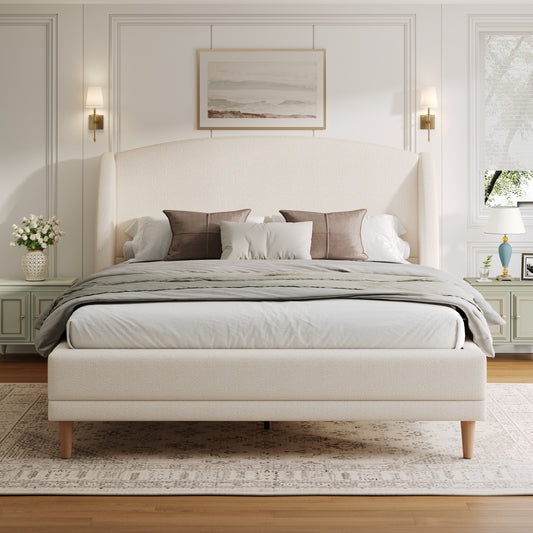 Hazel King Bed Frame | White Boucle Wingback Platform Bed