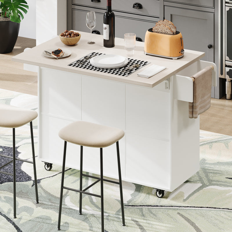 White Kitchen Island with Trash Cabinet & Drop Leaf