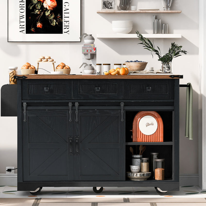 Black Rolling Kitchen Cart - 53.7" Island with Barn Doors & Storage