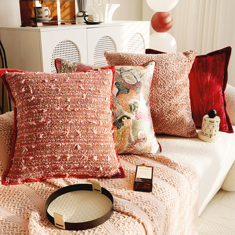 Red & Pink French Retro Pillow Cover – High-End Sofa Cushion – No Insert