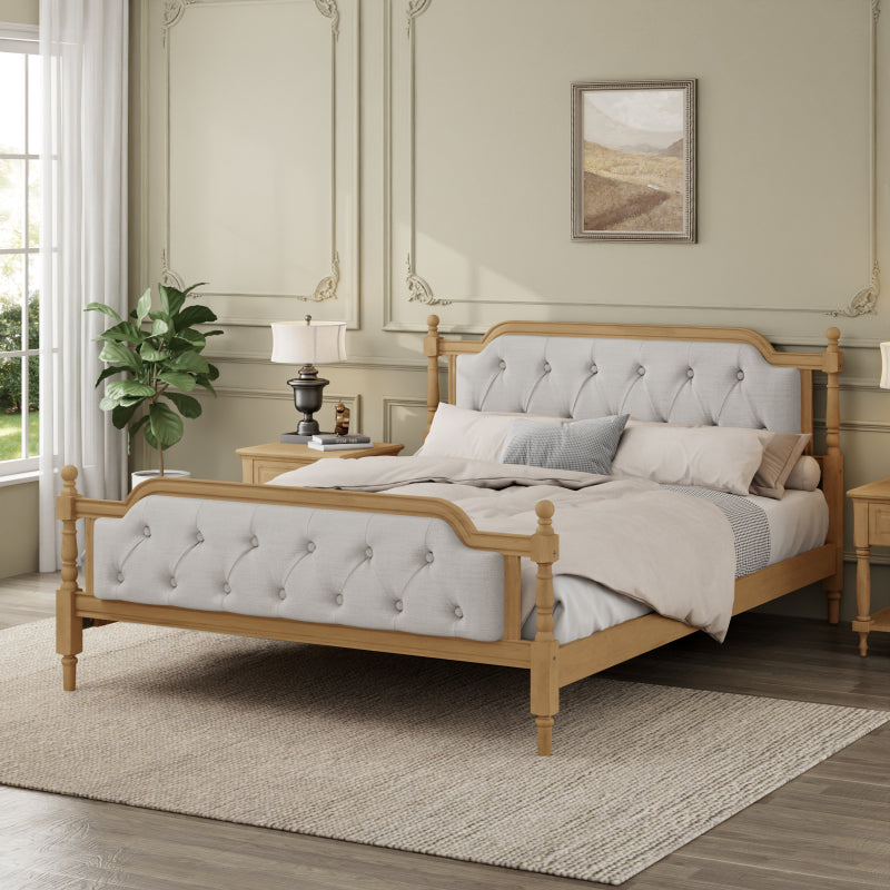 Queen Solid Wood Bed Frame with Tufted Headboard - No Box Spring, Antique Walnut