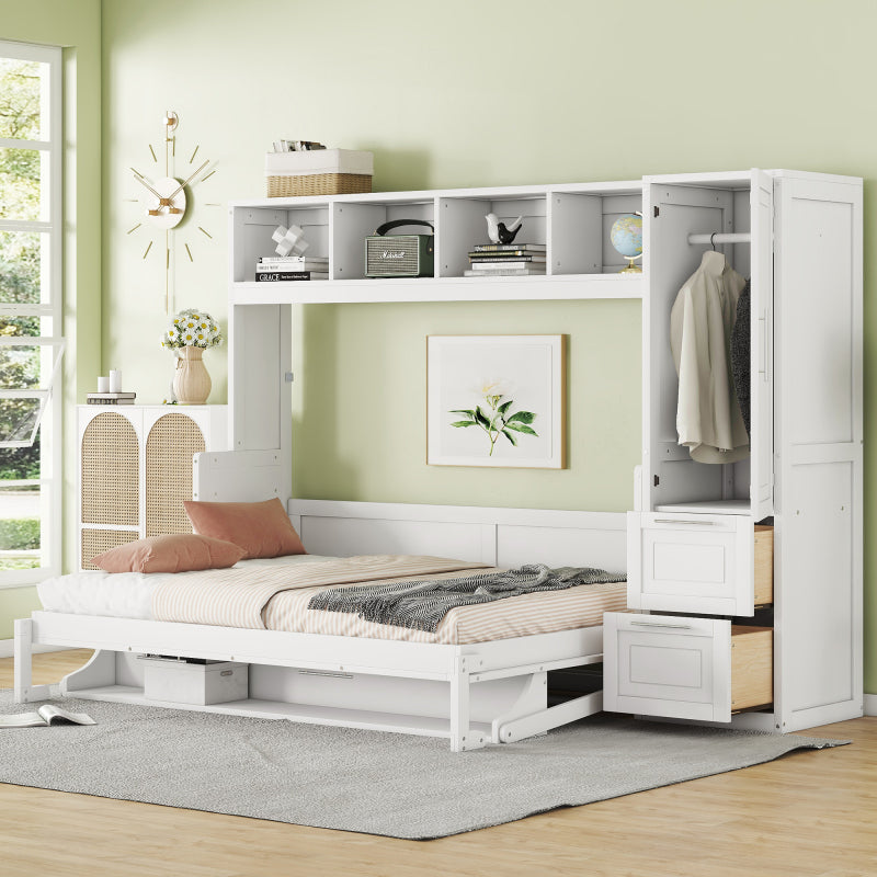 Murphy Bed with Closet & Drawers – Queen Size, White