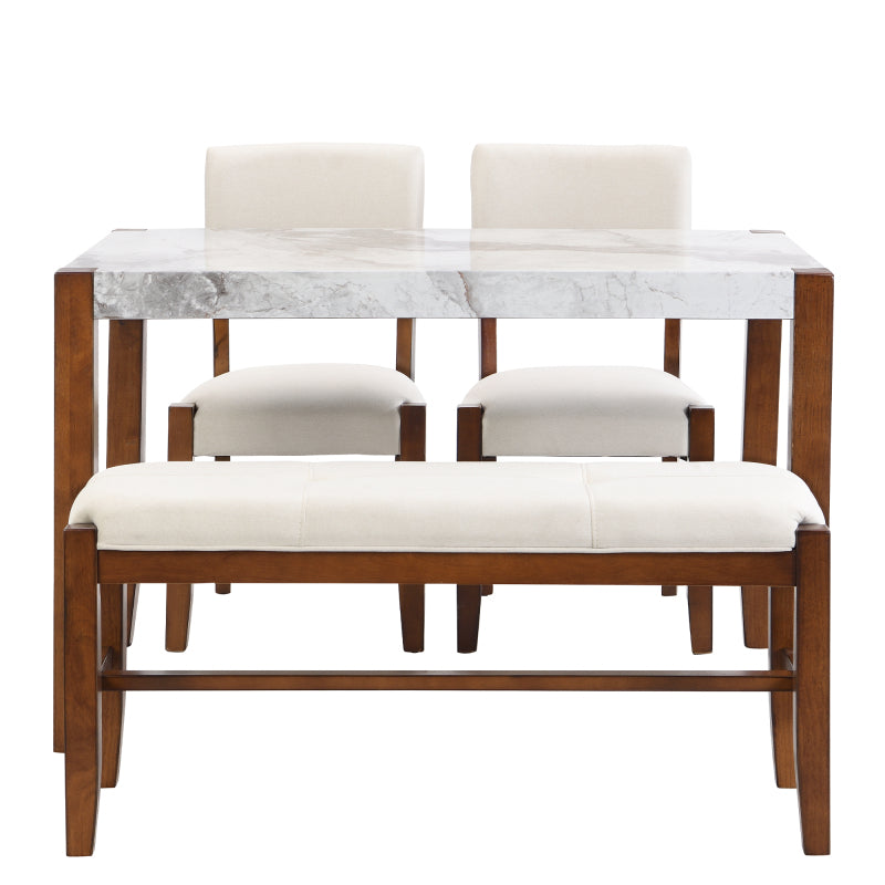 4-Piece Modern Dining Set - Faux Marble Table with 2 Chairs & Bench