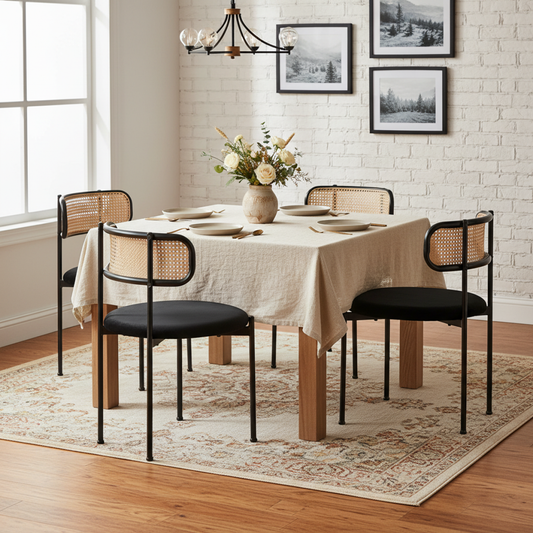 Set of 4 Velvet Dining Chairs with Rattan Backrest | Black