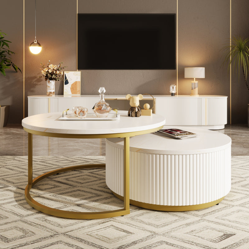 27.6" Round Nesting Coffee Table | Fluted, White & Gold with Drawer
