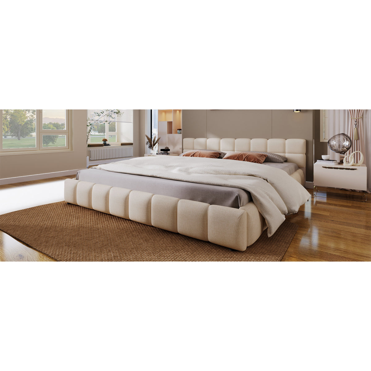 Elegant Beige Chenille Upholstered Bed with Checkerboard Design, King, Beige