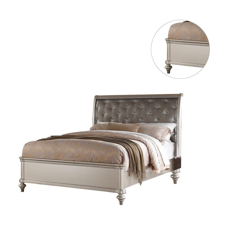 Silver Faux Leather Glamorous 3pc Bedroom Set Queen Size Bed 2x Nightstands Tufted Headboard Furniture