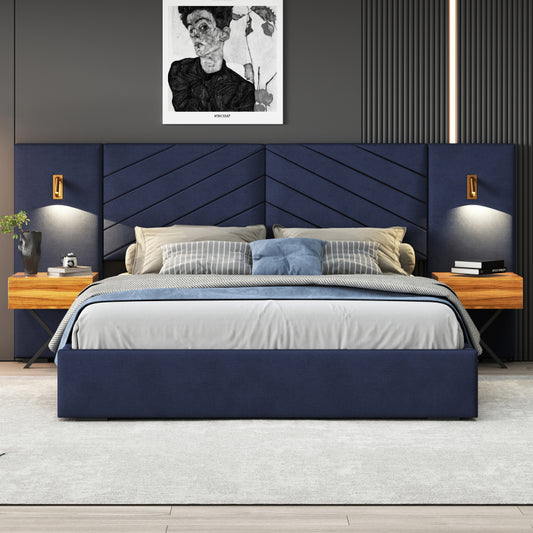 King Size Velvet Platform Bed Frame with Wingback Headboard - No Box Spring Needed, Royal Blue
