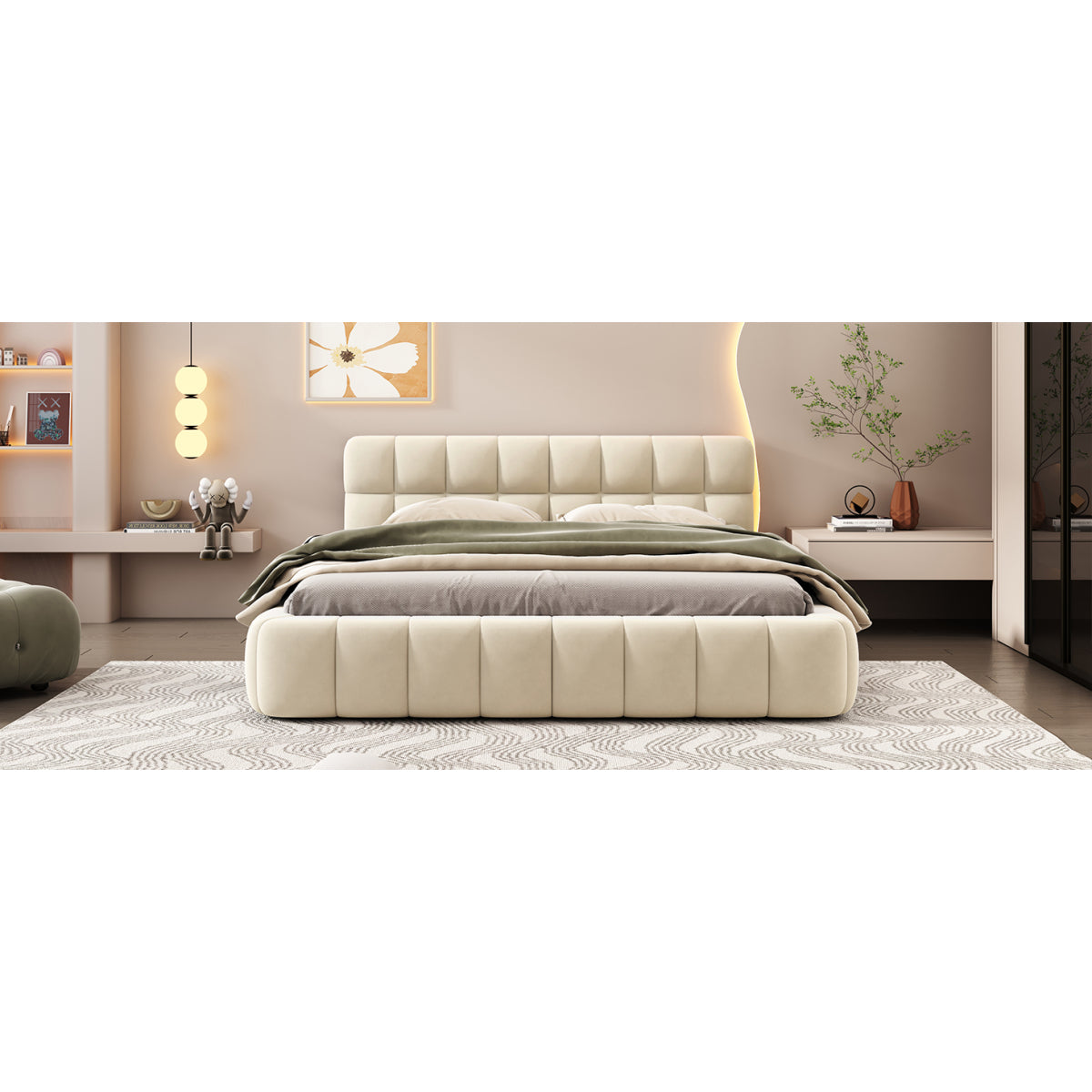 Modern Queen Grounded Bed: Beige Thick Fabric Upholstered Platform Bed