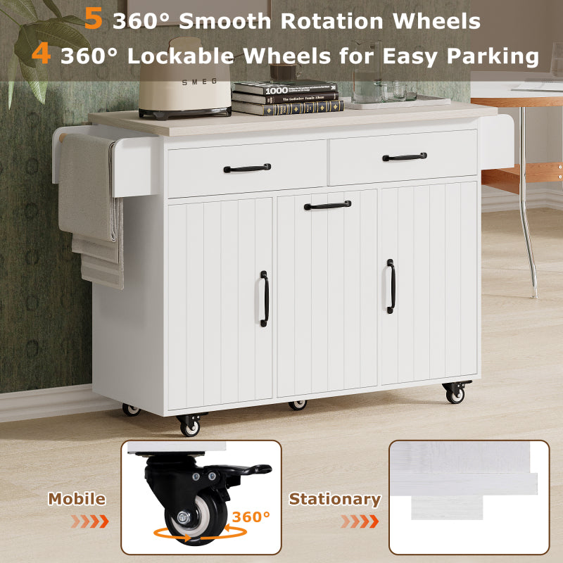 White Kitchen Island with Trash Cabinet & Drop Leaf