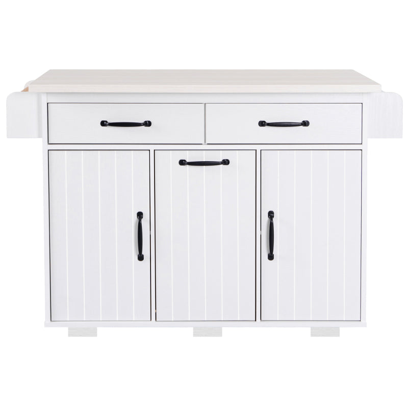 White Kitchen Island with Trash Cabinet & Drop Leaf