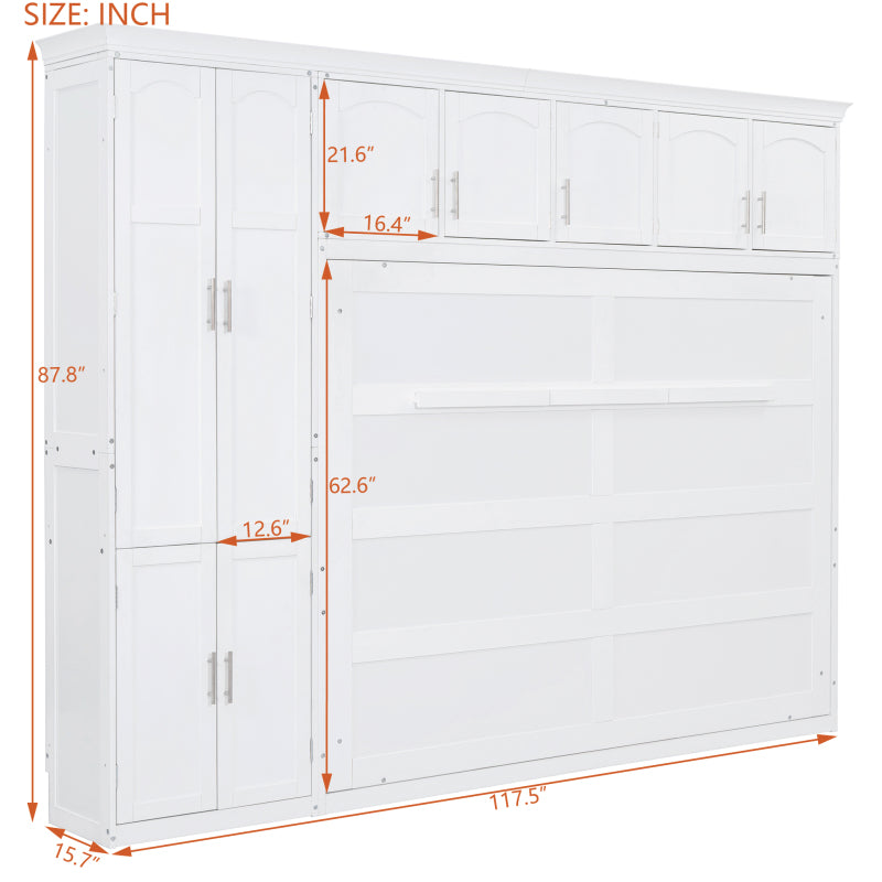 Queen Size Murphy Bed Wall Bed with Cabinets,White