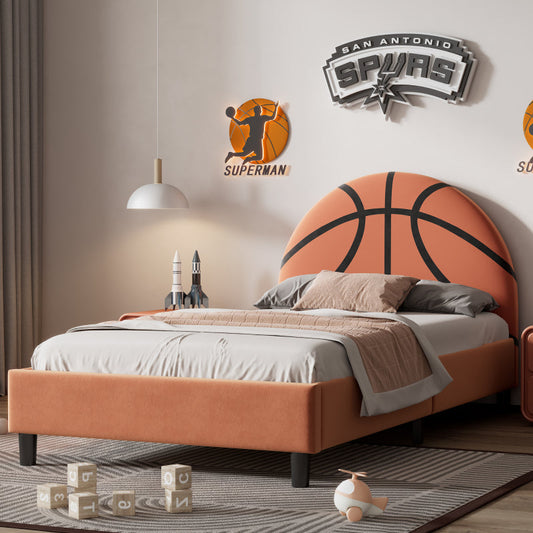 Sporty Basketball Twin Bed in Orange – Kids Upholstered Platform Frame