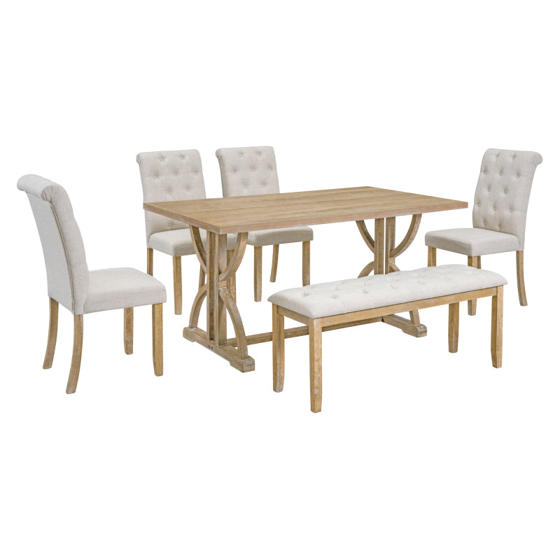 6-Piece Retro Dining Set - Table with 4 Chairs & Bench, Natural Wood